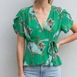 Anthropologie x Meadow Rue Green Bird Print Wrap Blouse 2P